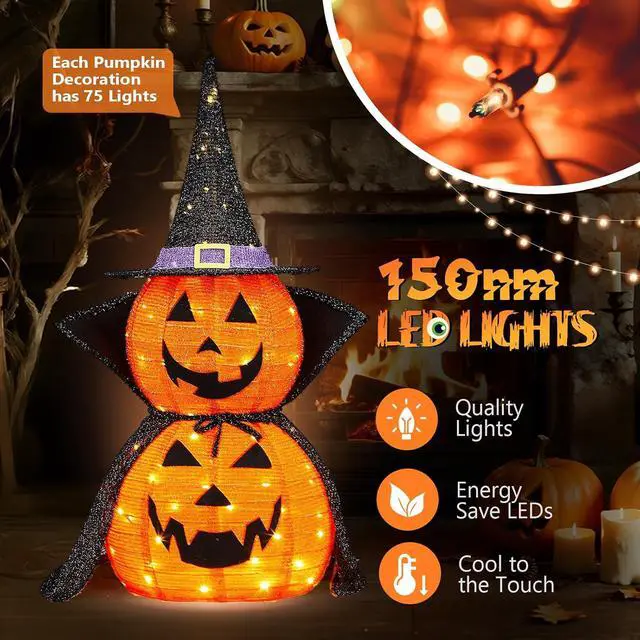 Alt view image 5 of 7 - 3FT Cute Collapsible Lighted Halloween Decorations Outdoor, Pop Up Halloween Pumpkin Decorations, Light Up Pumpkin Cape with Pre-lit 150 LEDs, Jack-O-Lantern for Porch Yard Lawn Patio (2PCS)