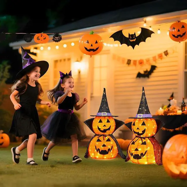 Alt view image 7 of 7 - 3FT Cute Collapsible Lighted Halloween Decorations Outdoor, Pop Up Halloween Pumpkin Decorations, Light Up Pumpkin Cape with Pre-lit 150 LEDs, Jack-O-Lantern for Porch Yard Lawn Patio (2PCS)
