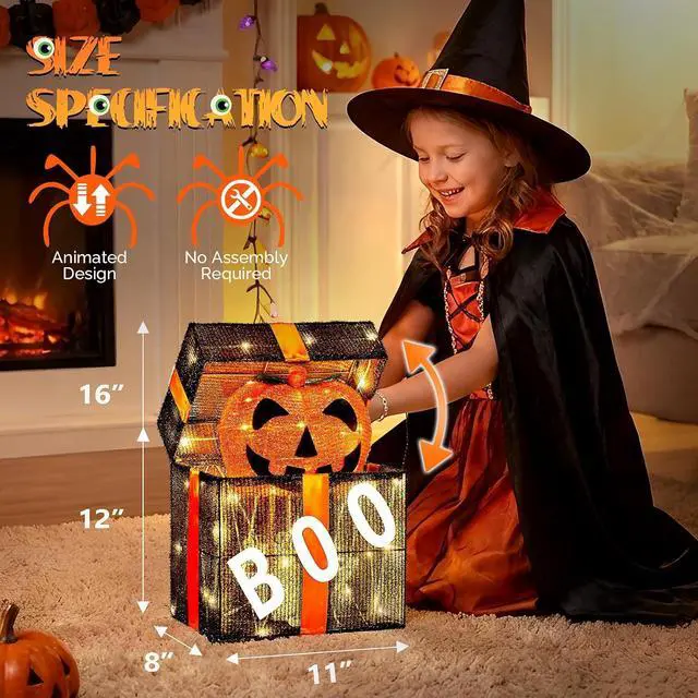 Alt view image 2 of 7 - Cute Halloween Decorations Outdoor, Animated Pumpkin Decorations Gift Box, Light up Pumpkins with Pre-lit 60 LEDs for Front Porch, Garden, Living Room, Kitchen, Office, and Home Party Decor