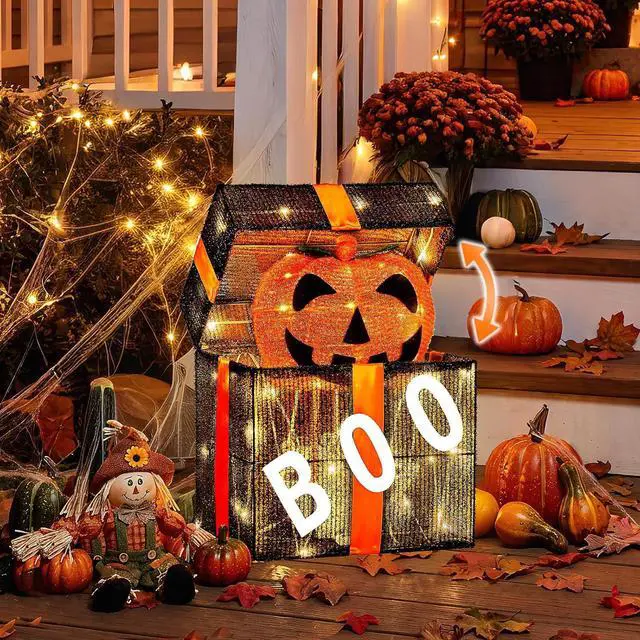 Main image of Cute Halloween Decorations Outdoor, Animated Pumpkin Decorations Gift Box, Light up Pumpkins with Pre-lit 60 LEDs for Front Porch, Garden, Living Room, Kitchen, Office, and Home Party Decor