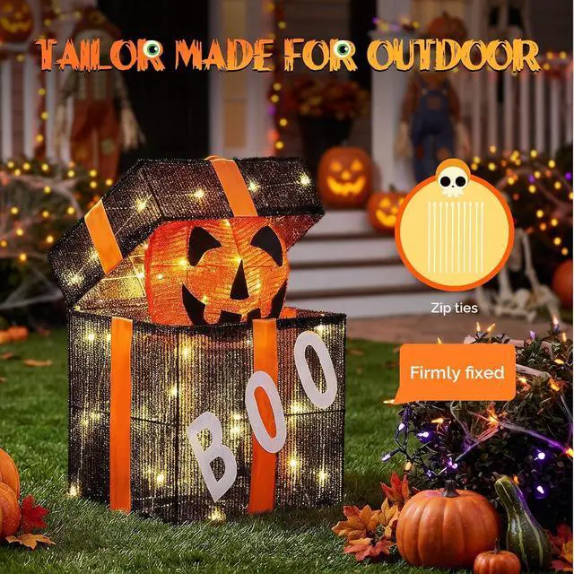 Alt view image 4 of 7 - Cute Halloween Decorations Outdoor, Animated Pumpkin Decorations Gift Box, Light up Pumpkins with Pre-lit 60 LEDs for Front Porch, Garden, Living Room, Kitchen, Office, and Home Party Decor