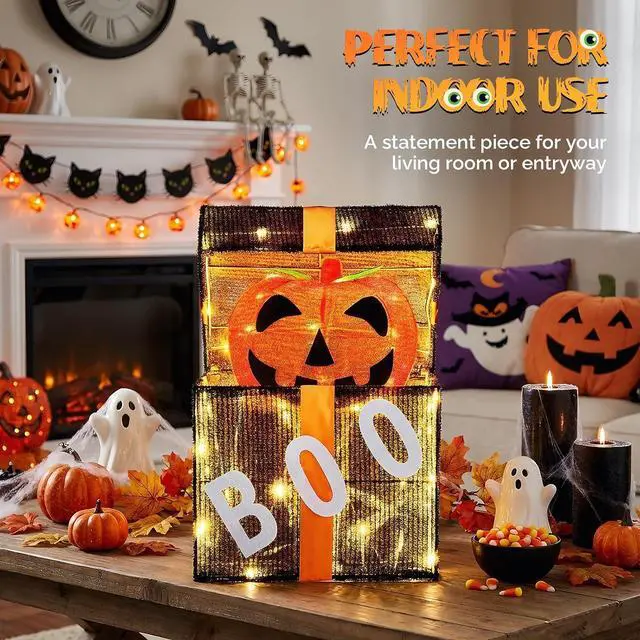 Alt view image 5 of 7 - Cute Halloween Decorations Outdoor, Animated Pumpkin Decorations Gift Box, Light up Pumpkins with Pre-lit 60 LEDs for Front Porch, Garden, Living Room, Kitchen, Office, and Home Party Decor