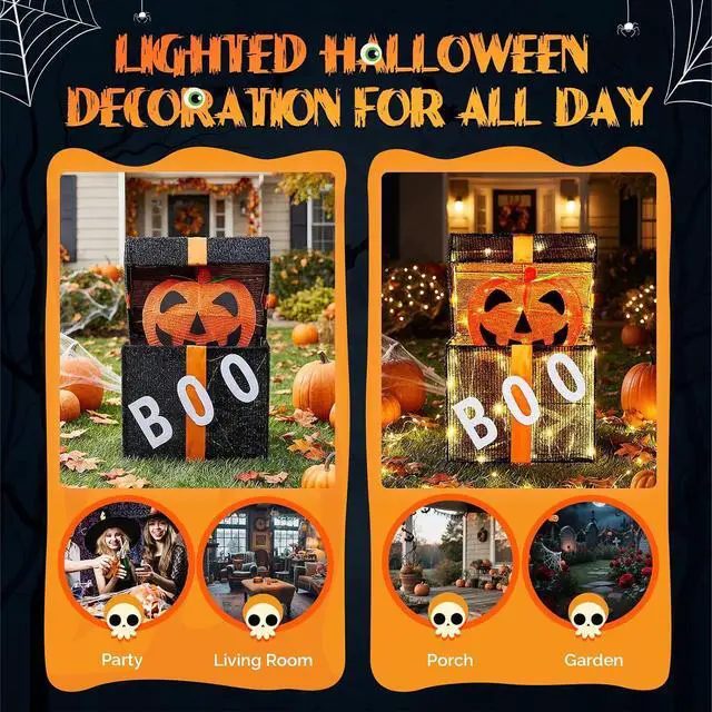 Alt view image 7 of 7 - Cute Halloween Decorations Outdoor, Animated Pumpkin Decorations Gift Box, Light up Pumpkins with Pre-lit 60 LEDs for Front Porch, Garden, Living Room, Kitchen, Office, and Home Party Decor
