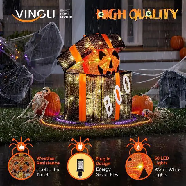 Alt view image 6 of 7 - Cute Halloween Decorations Outdoor, Animated Pumpkin Decorations Gift Box, Light up Pumpkins with Pre-lit 60 LEDs for Front Porch, Garden, Living Room, Kitchen, Office, and Home Party Decor