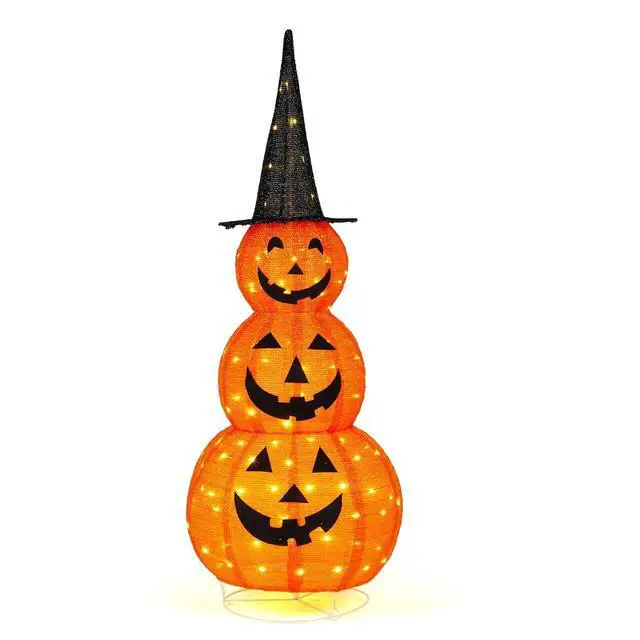 Alt view image 2 of 7 - 5FT Cute Collapsible Lighted Halloween Decorations Outdoor, Pop Up Halloween Pumpkin Decorations, Light Up Pumpkin with Pre-lit 100 LEDs, for Porch Yard Lawn Patio