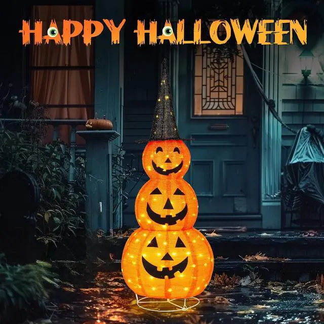 Alt view image 3 of 7 - 5FT Cute Collapsible Lighted Halloween Decorations Outdoor, Pop Up Halloween Pumpkin Decorations, Light Up Pumpkin with Pre-lit 100 LEDs, for Porch Yard Lawn Patio