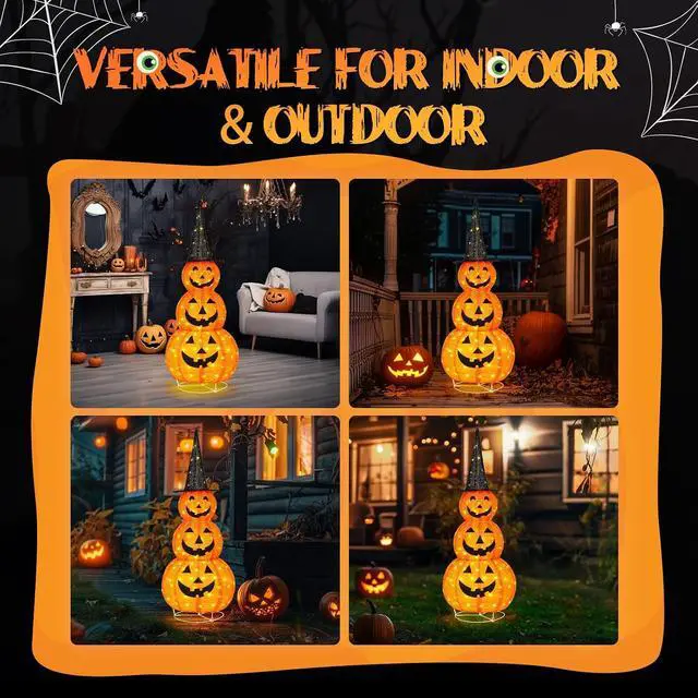 Alt view image 4 of 7 - 5FT Cute Collapsible Lighted Halloween Decorations Outdoor, Pop Up Halloween Pumpkin Decorations, Light Up Pumpkin with Pre-lit 100 LEDs, for Porch Yard Lawn Patio