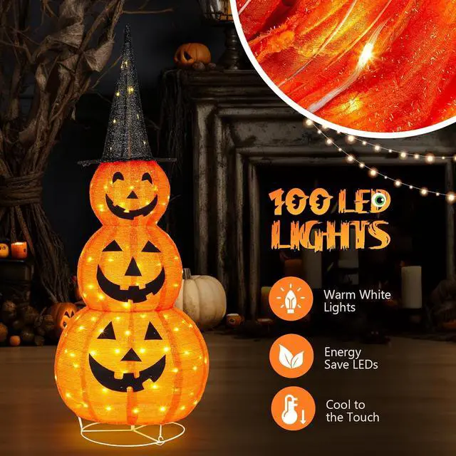 Alt view image 5 of 7 - 5FT Cute Collapsible Lighted Halloween Decorations Outdoor, Pop Up Halloween Pumpkin Decorations, Light Up Pumpkin with Pre-lit 100 LEDs, for Porch Yard Lawn Patio