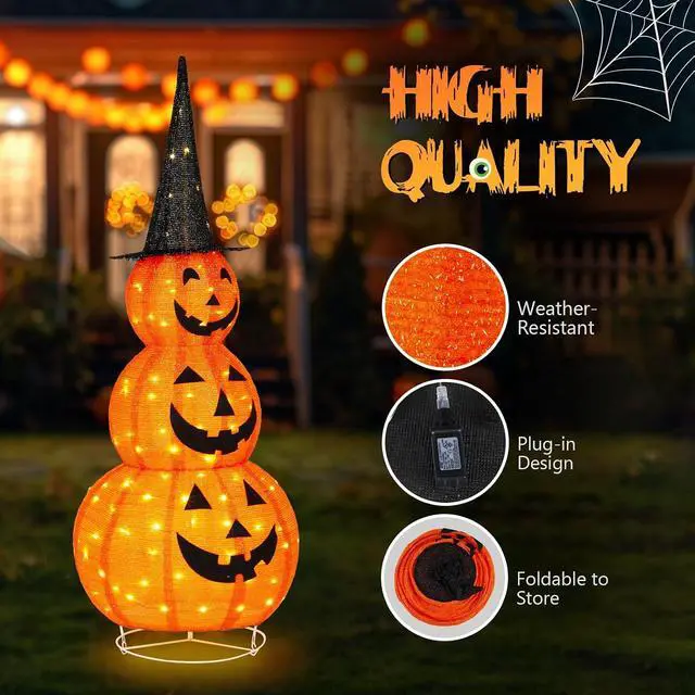 Alt view image 6 of 7 - 5FT Cute Collapsible Lighted Halloween Decorations Outdoor, Pop Up Halloween Pumpkin Decorations, Light Up Pumpkin with Pre-lit 100 LEDs, for Porch Yard Lawn Patio