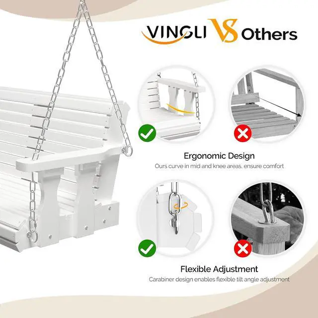 Alt view image 2 of 7 - 2026 Upgraded 5 FT Wooden Porch Swing, 880 LBS Heavy Duty, White | 2026 Upgraded Design; Heavy-Duty Wooden Swing; Supports 880 Lbs; Hanging Chains Included; Ideal For Garden, Patio & Yard