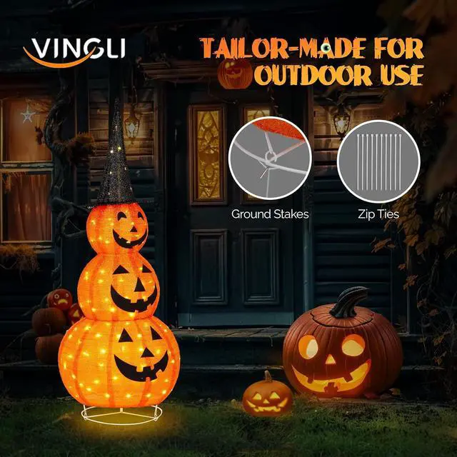 Alt view image 7 of 7 - 5FT Cute Collapsible Lighted Halloween Decorations Outdoor, Pop Up Halloween Pumpkin Decorations, Light Up Pumpkin with Pre-lit 100 LEDs, for Porch Yard Lawn Patio