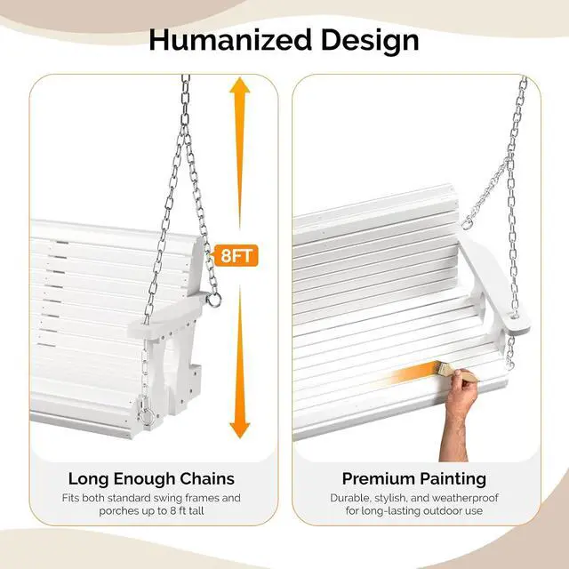 Alt view image 3 of 7 - 2026 Upgraded 5 FT Wooden Porch Swing, 880 LBS Heavy Duty, White | 2026 Upgraded Design; Heavy-Duty Wooden Swing; Supports 880 Lbs; Hanging Chains Included; Ideal For Garden, Patio & Yard