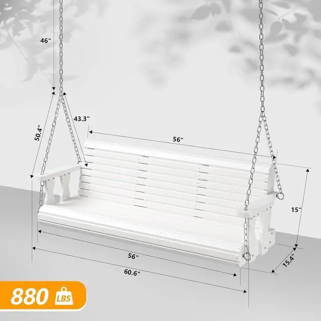 Alt view image 4 of 7 - 2026 Upgraded 5 FT Wooden Porch Swing, 880 LBS Heavy Duty, White | 2026 Upgraded Design; Heavy-Duty Wooden Swing; Supports 880 Lbs; Hanging Chains Included; Ideal For Garden, Patio & Yard