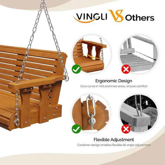 Alt view image 2 of 7 - 2026 Upgraded 5 FT Wooden Porch Swing, 880 LBS Heavy Duty, Brown | 2026 Upgraded Design; Heavy-Duty Wooden Swing; Supports 880 Lbs; Hanging Chains Included; Ideal For Garden, Patio & Yard