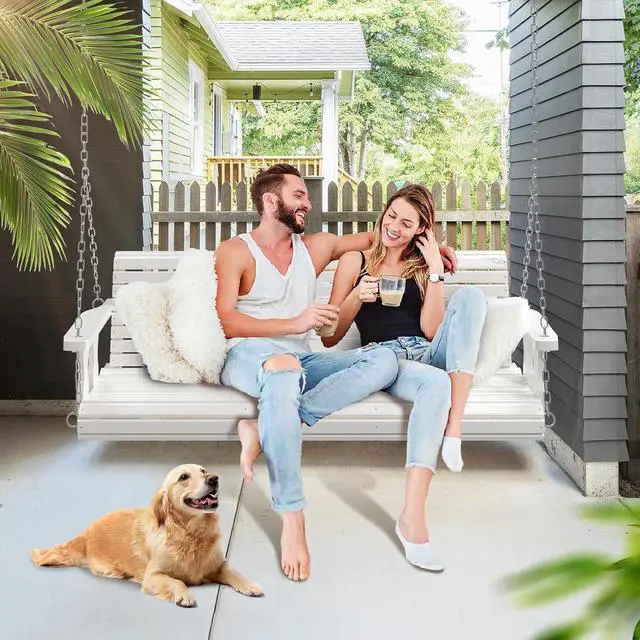 Alt view image 5 of 7 - 2026 Upgraded 5 FT Wooden Porch Swing, 880 LBS Heavy Duty, White | 2026 Upgraded Design; Heavy-Duty Wooden Swing; Supports 880 Lbs; Hanging Chains Included; Ideal For Garden, Patio & Yard