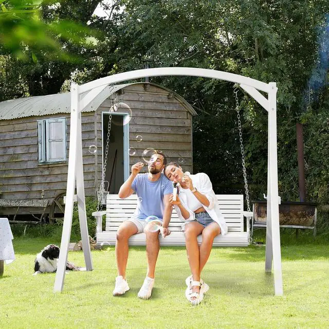Alt view image 6 of 7 - 2026 Upgraded 5 FT Wooden Porch Swing, 880 LBS Heavy Duty, White | 2026 Upgraded Design; Heavy-Duty Wooden Swing; Supports 880 Lbs; Hanging Chains Included; Ideal For Garden, Patio & Yard