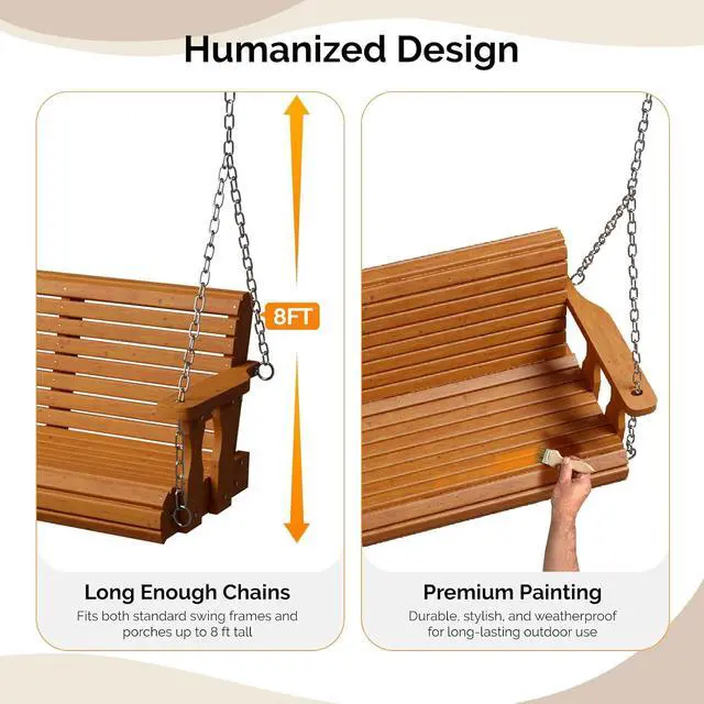 Alt view image 3 of 7 - 2026 Upgraded 5 FT Wooden Porch Swing, 880 LBS Heavy Duty, Brown | 2026 Upgraded Design; Heavy-Duty Wooden Swing; Supports 880 Lbs; Hanging Chains Included; Ideal For Garden, Patio & Yard