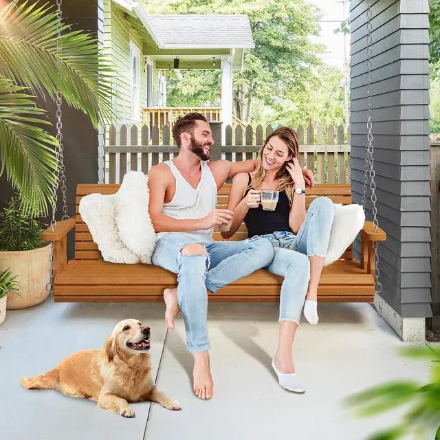 Alt view image 5 of 7 - 2026 Upgraded 5 FT Wooden Porch Swing, 880 LBS Heavy Duty, Brown | 2026 Upgraded Design; Heavy-Duty Wooden Swing; Supports 880 Lbs; Hanging Chains Included; Ideal For Garden, Patio & Yard
