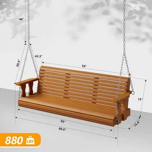 Alt view image 4 of 7 - 2026 Upgraded 5 FT Wooden Porch Swing, 880 LBS Heavy Duty, Brown | 2026 Upgraded Design; Heavy-Duty Wooden Swing; Supports 880 Lbs; Hanging Chains Included; Ideal For Garden, Patio & Yard