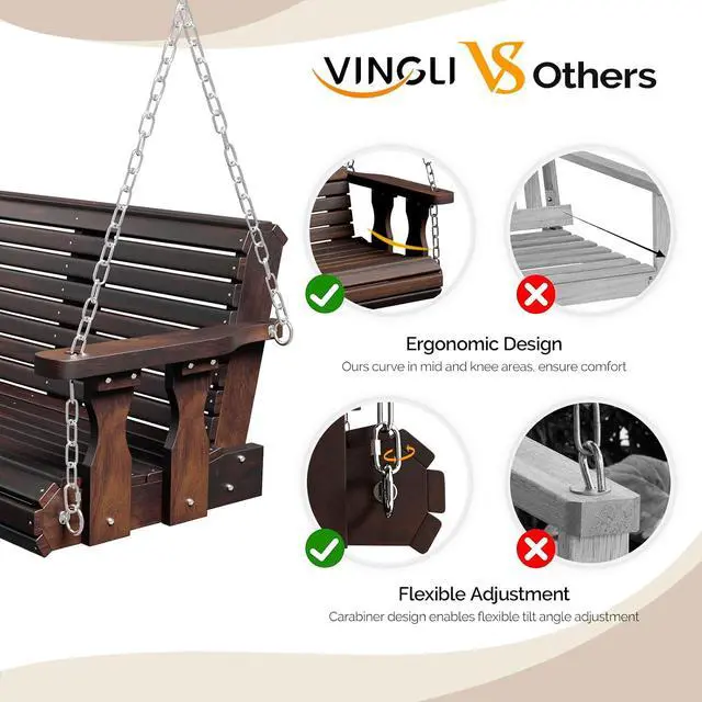 Alt view image 2 of 7 - 2026 Upgraded 5 FT Wooden Porch Swing, 880 LBS Heavy Duty, Rustic | 2026 Upgraded Design; Heavy-Duty Wooden Swing; Supports 880 Lbs; Hanging Chains Included; Ideal For Garden, Patio & Yard