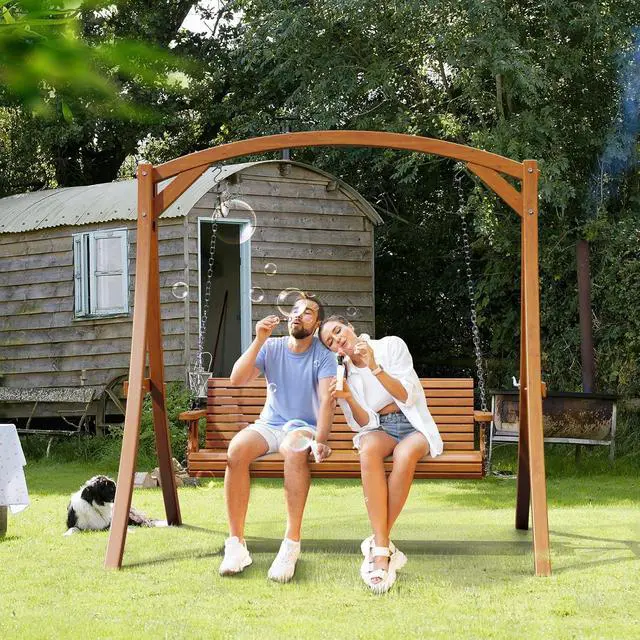 Alt view image 6 of 7 - 2026 Upgraded 5 FT Wooden Porch Swing, 880 LBS Heavy Duty, Brown | 2026 Upgraded Design; Heavy-Duty Wooden Swing; Supports 880 Lbs; Hanging Chains Included; Ideal For Garden, Patio & Yard