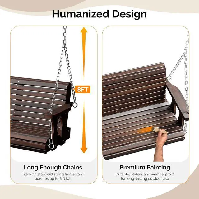 Alt view image 3 of 7 - 2026 Upgraded 5 FT Wooden Porch Swing, 880 LBS Heavy Duty, Rustic | 2026 Upgraded Design; Heavy-Duty Wooden Swing; Supports 880 Lbs; Hanging Chains Included; Ideal For Garden, Patio & Yard