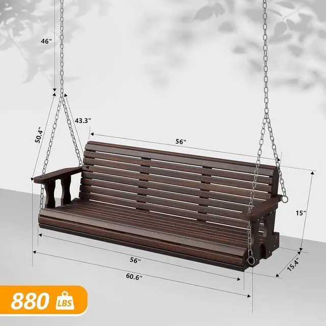 Alt view image 4 of 7 - 2026 Upgraded 5 FT Wooden Porch Swing, 880 LBS Heavy Duty, Rustic | 2026 Upgraded Design; Heavy-Duty Wooden Swing; Supports 880 Lbs; Hanging Chains Included; Ideal For Garden, Patio & Yard