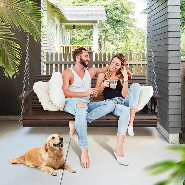 Alt view image 5 of 7 - 2026 Upgraded 5 FT Wooden Porch Swing, 880 LBS Heavy Duty, Rustic | 2026 Upgraded Design; Heavy-Duty Wooden Swing; Supports 880 Lbs; Hanging Chains Included; Ideal For Garden, Patio & Yard