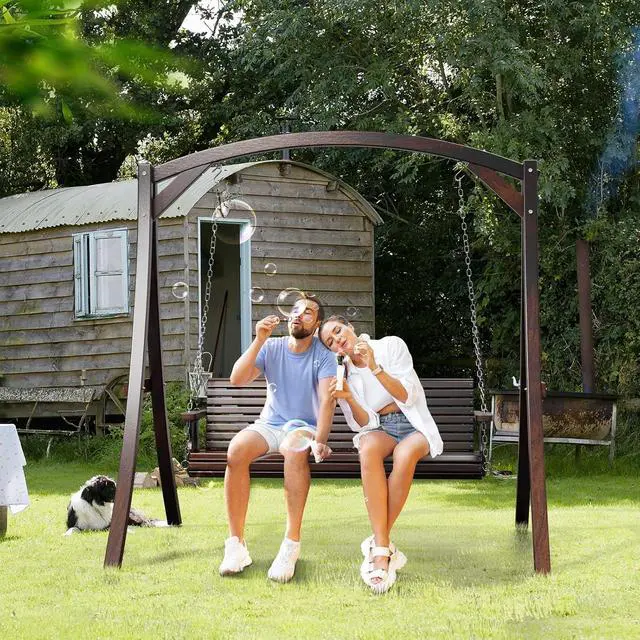 Alt view image 6 of 7 - 2026 Upgraded 5 FT Wooden Porch Swing, 880 LBS Heavy Duty, Rustic | 2026 Upgraded Design; Heavy-Duty Wooden Swing; Supports 880 Lbs; Hanging Chains Included; Ideal For Garden, Patio & Yard