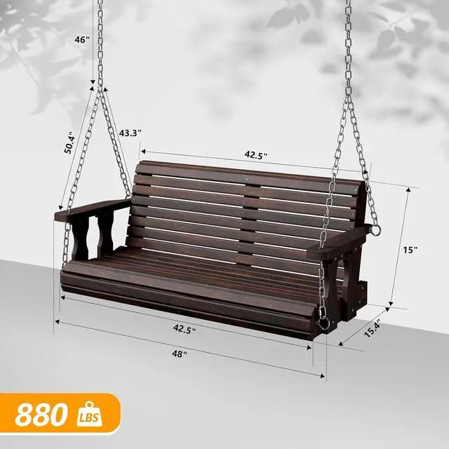 Alt view image 4 of 7 - 2026 Upgraded 4 FT Wooden Porch Swing, 880 LBS Heavy Duty, Rustic | 2026 Upgraded Design; Heavy-Duty Wooden Swing; Supports 880 Lbs; Hanging Chains Included; Ideal For Garden, Patio & Yard