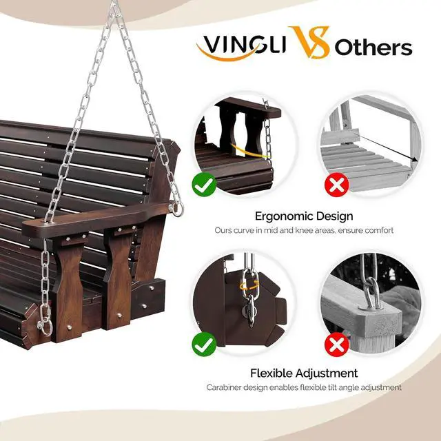 Alt view image 2 of 7 - 2026 Upgraded 4 FT Wooden Porch Swing, 880 LBS Heavy Duty, Rustic | 2026 Upgraded Design; Heavy-Duty Wooden Swing; Supports 880 Lbs; Hanging Chains Included; Ideal For Garden, Patio & Yard