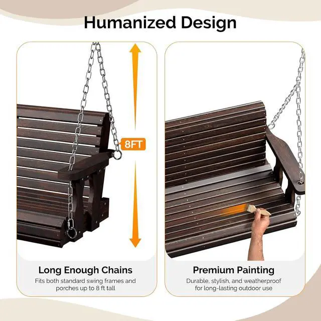 Alt view image 3 of 7 - 2026 Upgraded 4 FT Wooden Porch Swing, 880 LBS Heavy Duty, Rustic | 2026 Upgraded Design; Heavy-Duty Wooden Swing; Supports 880 Lbs; Hanging Chains Included; Ideal For Garden, Patio & Yard