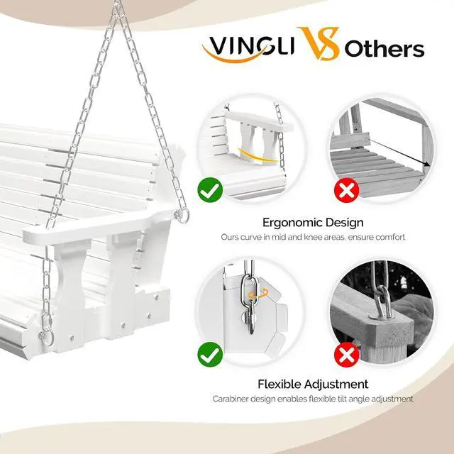 Alt view image 2 of 7 - 2026 Upgraded 4 FT Wooden Porch Swing, 880 LBS Heavy Duty, White | 2026 Upgraded Design; Heavy-Duty Wooden Swing; Supports 880 Lbs; Hanging Chains Included; Ideal For Garden, Patio & Yard