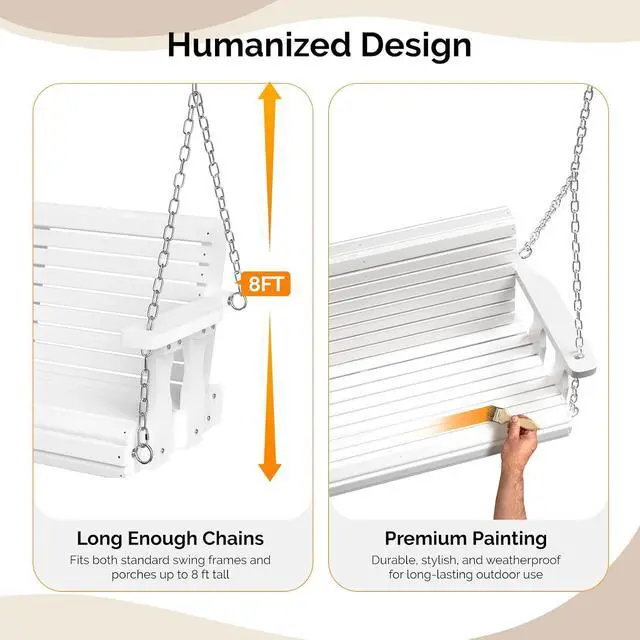 Alt view image 3 of 7 - 2026 Upgraded 4 FT Wooden Porch Swing, 880 LBS Heavy Duty, White | 2026 Upgraded Design; Heavy-Duty Wooden Swing; Supports 880 Lbs; Hanging Chains Included; Ideal For Garden, Patio & Yard