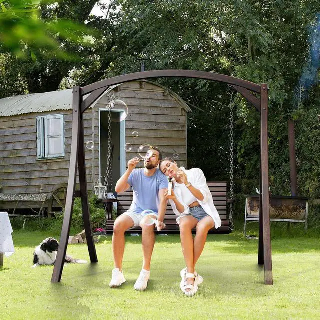 Alt view image 6 of 7 - 2026 Upgraded 4 FT Wooden Porch Swing, 880 LBS Heavy Duty, Rustic | 2026 Upgraded Design; Heavy-Duty Wooden Swing; Supports 880 Lbs; Hanging Chains Included; Ideal For Garden, Patio & Yard