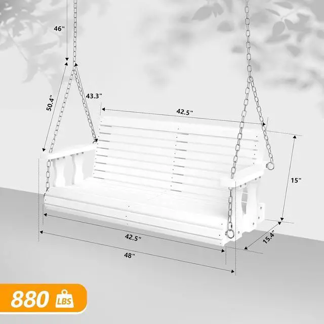 Alt view image 4 of 7 - 2026 Upgraded 4 FT Wooden Porch Swing, 880 LBS Heavy Duty, White | 2026 Upgraded Design; Heavy-Duty Wooden Swing; Supports 880 Lbs; Hanging Chains Included; Ideal For Garden, Patio & Yard