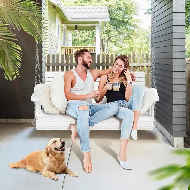 Alt view image 5 of 7 - 2026 Upgraded 4 FT Wooden Porch Swing, 880 LBS Heavy Duty, White | 2026 Upgraded Design; Heavy-Duty Wooden Swing; Supports 880 Lbs; Hanging Chains Included; Ideal For Garden, Patio & Yard