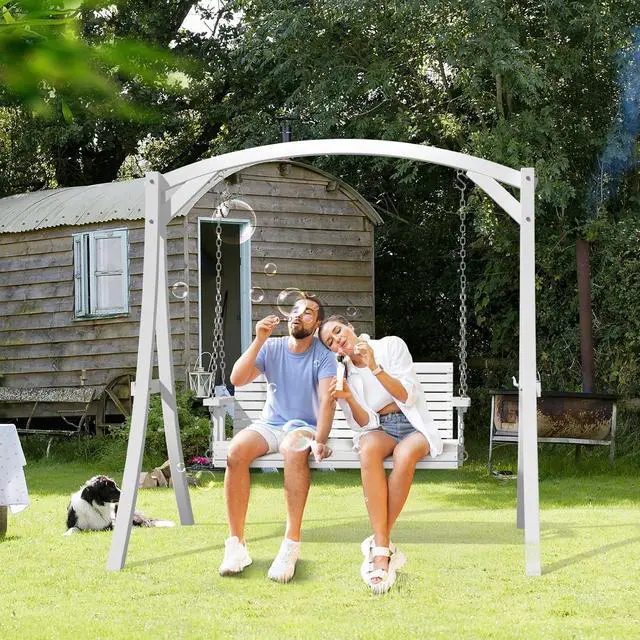Alt view image 6 of 7 - 2026 Upgraded 4 FT Wooden Porch Swing, 880 LBS Heavy Duty, White | 2026 Upgraded Design; Heavy-Duty Wooden Swing; Supports 880 Lbs; Hanging Chains Included; Ideal For Garden, Patio & Yard
