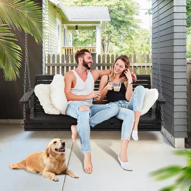 Alt view image 2 of 7 - 2026 Upgraded 5 FT Wooden Porch Swing, 880 LBS Heavy Duty, Black | 2026 Upgraded Design; Heavy-Duty Wooden Swing; Supports 880 Lbs; Hanging Chains Included; Ideal For Garden, Patio & Yard