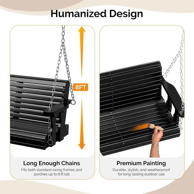 Alt view image 3 of 7 - 2026 Upgraded 4 FT Wooden Porch Swing, 880 LBS Heavy Duty, Black | 2026 Upgraded Design; Heavy-Duty Wooden Swing; Supports 880 Lbs; Hanging Chains Included; Ideal For Garden, Patio & Yard