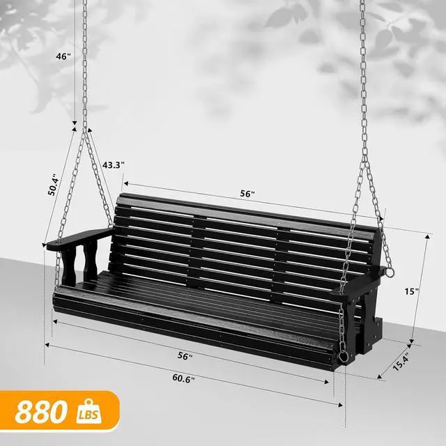 Alt view image 5 of 7 - 2026 Upgraded 5 FT Wooden Porch Swing, 880 LBS Heavy Duty, Black | 2026 Upgraded Design; Heavy-Duty Wooden Swing; Supports 880 Lbs; Hanging Chains Included; Ideal For Garden, Patio & Yard