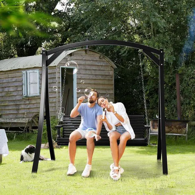 Alt view image 6 of 7 - 2026 Upgraded 5 FT Wooden Porch Swing, 880 LBS Heavy Duty, Black | 2026 Upgraded Design; Heavy-Duty Wooden Swing; Supports 880 Lbs; Hanging Chains Included; Ideal For Garden, Patio & Yard