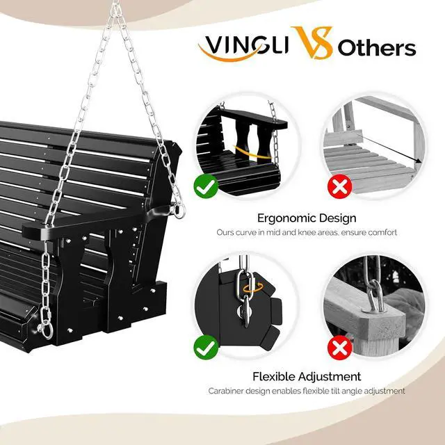 Alt view image 2 of 7 - 2026 Upgraded 4 FT Wooden Porch Swing, 880 LBS Heavy Duty, Black | 2026 Upgraded Design; Heavy-Duty Wooden Swing; Supports 880 Lbs; Hanging Chains Included; Ideal For Garden, Patio & Yard