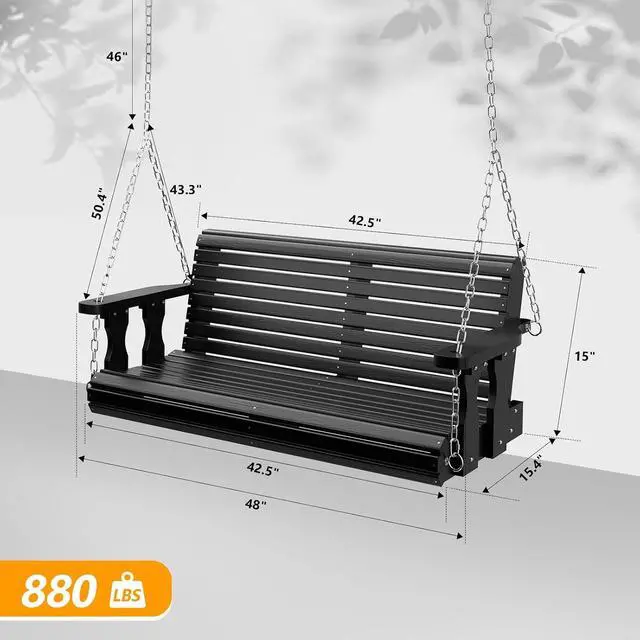 Alt view image 4 of 7 - 2026 Upgraded 4 FT Wooden Porch Swing, 880 LBS Heavy Duty, Black | 2026 Upgraded Design; Heavy-Duty Wooden Swing; Supports 880 Lbs; Hanging Chains Included; Ideal For Garden, Patio & Yard