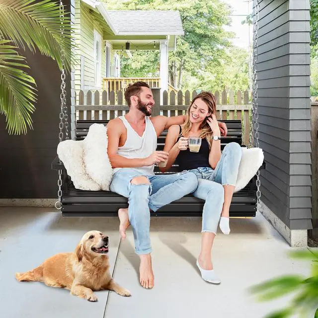 Alt view image 5 of 7 - 2026 Upgraded 4 FT Wooden Porch Swing, 880 LBS Heavy Duty, Black | 2026 Upgraded Design; Heavy-Duty Wooden Swing; Supports 880 Lbs; Hanging Chains Included; Ideal For Garden, Patio & Yard