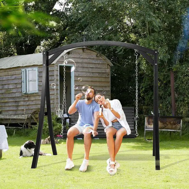 Alt view image 6 of 7 - 2026 Upgraded 4 FT Wooden Porch Swing, 880 LBS Heavy Duty, Black | 2026 Upgraded Design; Heavy-Duty Wooden Swing; Supports 880 Lbs; Hanging Chains Included; Ideal For Garden, Patio & Yard