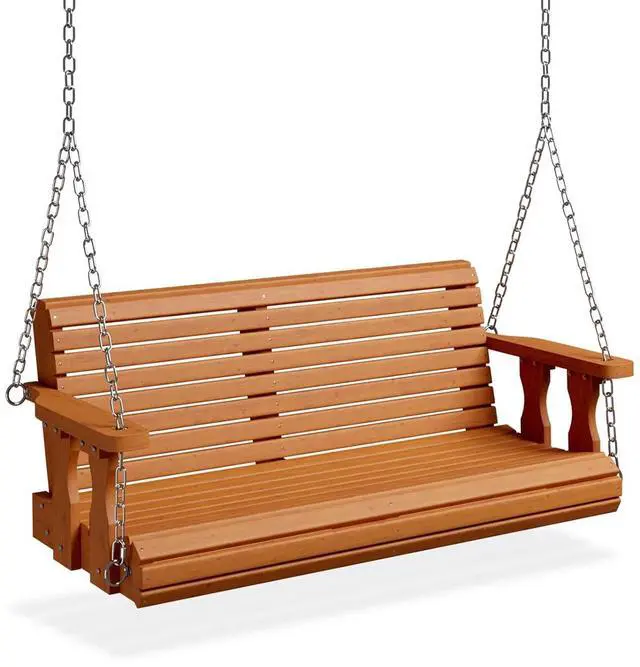 Main image of 2026 Upgraded 4 FT Wooden Porch Swing, 880 LBS Heavy Duty, Brown | 2026 Upgraded Design; Heavy-Duty Wooden Swing; Supports 880 Lbs; Hanging Chains Included; Ideal For Garden, Patio & Yard