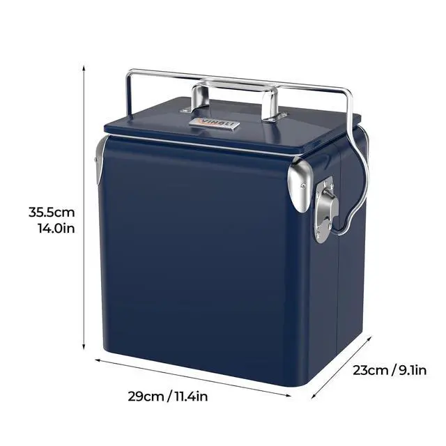 Alt view image 7 of 7 - 14qt Small Insulated Portable Cooler, Retro Vintage Classic Style Hard Metal Cooler for Barbeques, Camping, Fishing and Picnics