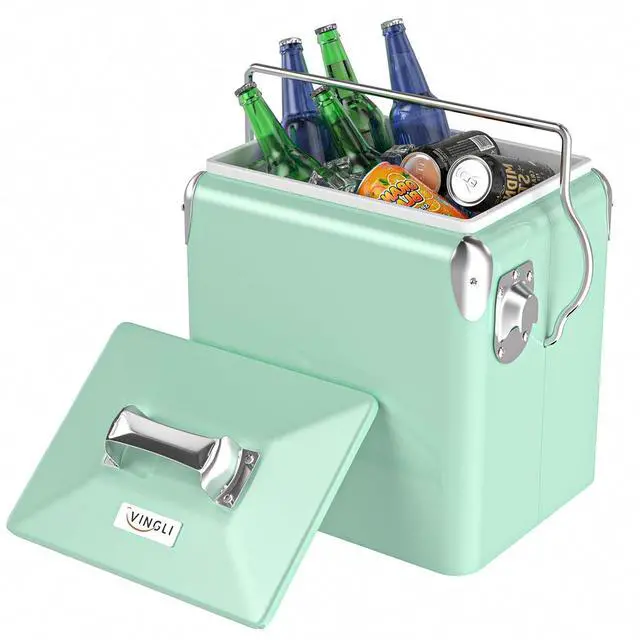 Main image of 14qt Small Insulated Portable Cooler, Retro Vintage Classic Style Hard Metal Cooler for Barbeques, Camping, Fishing and Picnics