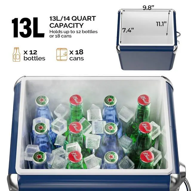 Alt view image 4 of 7 - 14qt Small Insulated Portable Cooler, Retro Vintage Classic Style Hard Metal Cooler for Barbeques, Camping, Fishing and Picnics